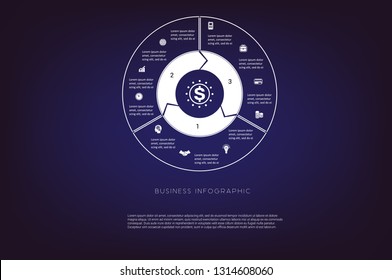 Area chart,ring chart, pie chart. Concept  illustration or background. Business infographic. Vector monochrome template 3 positions for text area, possible to use for workflow, banner, diagram