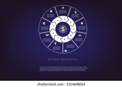 Area chart,ring chart, pie chart. Concept  illustration or background. Business infographic. Vector monochrome template 9 positions for text area, possible to use for workflow, banner, diagram