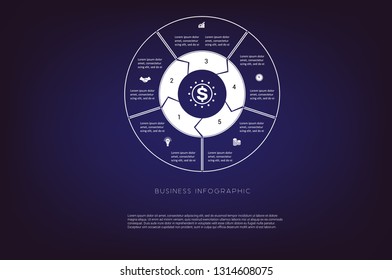 Area chart,ring chart, pie chart. Concept  illustration or background. Business infographic. Vector monochrome template 5 positions for text area, possible to use for workflow, banner