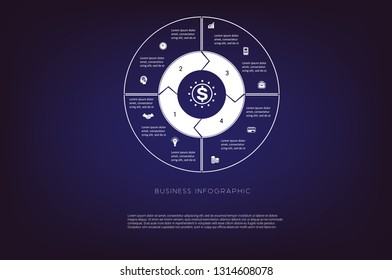 Area chart,ring chart, pie chart. Concept  illustration or background. Business infographic. Vector monochrome template 4 positions for text area, possible to use for workflow, banner, diagram