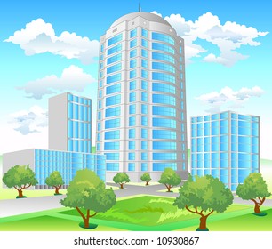 Area of city with high-altitude building and park, crossroads, illustration