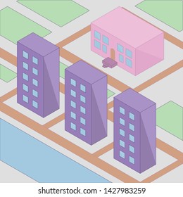 The area of the city near the river with high-rise buildings and a school. Style - isometric.