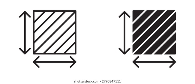 Area and dimension icon set, measurement size and spatial geometry symbol, outline and solid style. Vector illustration.