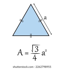 Area of equilateral triangle formula in mathematics. Vector illustration isolated on white background.