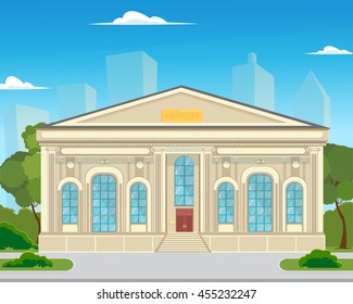 the area in front of the museum building with trees and flowerbeds. The building is a historical museum in the city. vector illustration