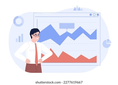 Area graph in business analytics flat concept vector spot illustration. Editable 2D cartoon character on white for web design. Professional data analyst creative idea for website, mobile app