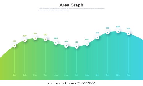 Area graph with month indication. Concept of monthly stages of business project development. Simple infographic design template. Modern flat vector illustration for statistical data visualization.