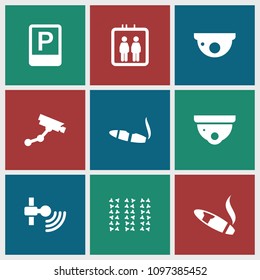 Area icon. collection of 9 area filled icons such as elevator, security camera, security camera, cigarette, signal, parking. editable area icons for web and mobile.