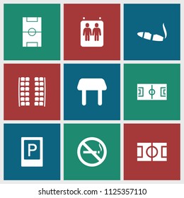 Area icon. collection of 9 area filled icons such as parking, no smoking, plane seats, table, cigarette, football pitch. editable area icons for web and mobile.