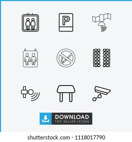 Area icon. collection of 9 area outline icons such as elevator, plane seats, table, signal, parking, security camera. editable area icons for web and mobile.