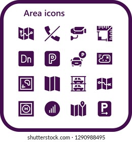  area icon set. 16 filled area icons. Simple modern icons about  - Map, No calls, Surveillance, Angle, Dimension, Parking, Parkings, Helipad, Bars graphics