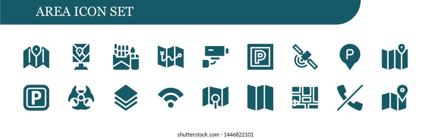 area icon set. 18 filled area icons.  Collection Of - Map, Cigarette, Security camera, Parking, Signal, Biohazard, Layer, Wifi signal, No calls