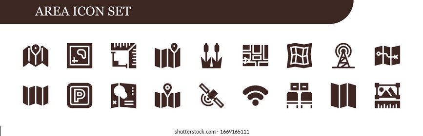 area icon set. 18 filled area icons.  Simple modern icons such as: Map, Angle, Reed, Signal, Parking, Wifi signal, Waiting room, Graphic