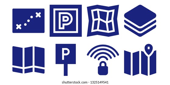 area icon set. 8 filled area icons.  Collection Of - Map, Parking, Wifi signal, Layers