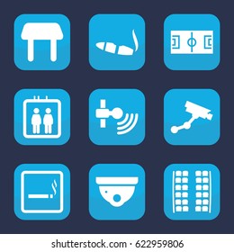 Area icon. set of 9 filled area icons such as elevator, smoking area, plane seats, table, security camera, Security camera, cigarette, signal