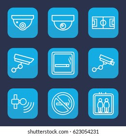 Area icon. set of 9 outline area icons such as elevator, smoking area, no smoking, security camera, Security camera, signal