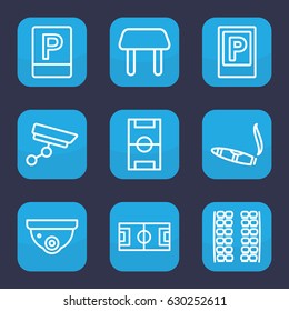 Area icon. set of 9 outline area icons such as parking, plane seats, table, security camera, cigarette