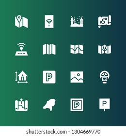 area icon set. Collection of 16 filled area icons included Parking, Map, Parking meter, Layer, Dimension, Wifi, Forest