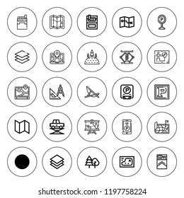 Area icon set. collection of 25 outline area icons with cigarette, cigarettes, elevator, forest, map, layer, layers, lounger, measure, parking icons. editable icons.