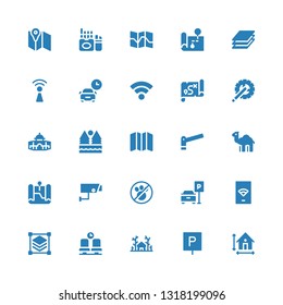 area icon set. Collection of 25 filled area icons included Dimension, Parking, Forest, Waiting room, Layers, Wifi, No pets, Security camera, Map, Dromedary, Dome, Crank arm, Cigarette