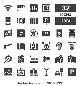 area icon set. Collection of 32 filled area icons included Parking, Wifi, Waiting room, Map, Layer, Forest, Cigarette, Crank arm, Lazio, Parking meter, Layers, No pets, Free wifi