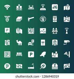 Area Icon Set. Collection Of 36 Filled Area Icons Included Map, Forest, Crank Arm, Wifi, Parking, Security Camera, Waiting Room, Dromedary, Layer, Free Wifi, No Pets, Layers, Lazio