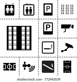Area icons. set of 13 editable filled area icons such as parking, elevator, smoking area, security camera, signal, football pitch, field