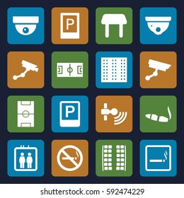 area icons set. Set of 16 area filled icons such as field, parking, elevator, smoking area, no smoking, plane seats, table, security camera, Security camera, cigarette