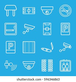 area icons set. Set of 16 area outline icons such as parking, elevator, smoking area, no smoking, plane seats, field, table, security camera, Security camera, cigarette