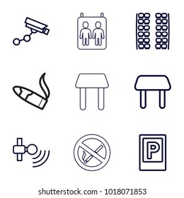 Area icons. set of 9 editable outline area icons such as parking, plane seats, table, security camera, signal, elevator, no smoking