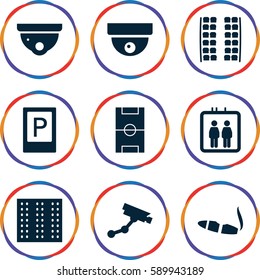 area icons set. Set of 9 area filled icons such as field, parking, elevator, plane seats, security camera, Security camera, cigarette