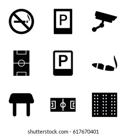 Area icons set. set of 9 area filled icons such as field, parking, no smoking, table, cigarette, security camera
