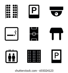 Area icons set. set of 9 area filled icons such as field, parking, elevator, smoking area, plane seats, table, football pitch