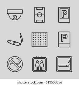 Area icons set. set of 9 area outline icons such as parking, elevator, smoking area, no smoking, field, cigarette, football pitch