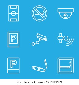 Area icons set. set of 9 area outline icons such as parking, smoking area, no smoking, Security camera, cigarette, football pitch, security camera