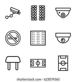 Area icons set. set of 9 area outline icons such as no smoking, plane seats, field, table, security camera, Security camera