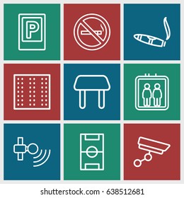 Area icons set. set of 9 area outline icons such as parking, elevator, no smoking, field, table, cigarette, security camera, football pitch