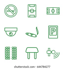 Area icons set. set of 9 area outline icons such as parking, no smoking, plane seats, table, cigarette, football pitch, security camera