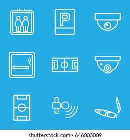 Area icons set. set of 9 area outline icons such as elevator, smoking area, security camera, cigarette, parking, football pitch