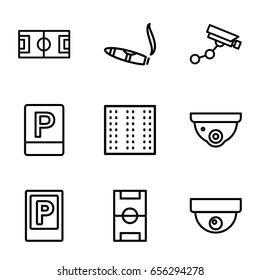 Area icons set. set of 9 area outline icons such as parking, field, security camera, security camera, cigarette