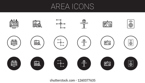 area icons set. Collection of area with graphic, map, parking meter, wifi. Editable and scalable area icons.