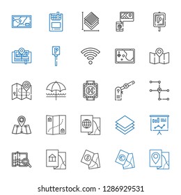 area icons set. Collection of area with map, statistics, layer, parking, heliport, sun umbrella, wifi, layers, cigarettes. Editable and scalable area icons.