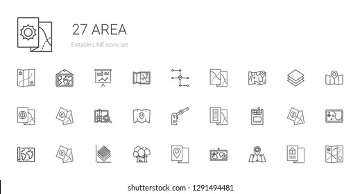 area icons set. Collection of area with map, forest, layers, cigarettes, parking, layer, statistics. Editable and scalable area icons.