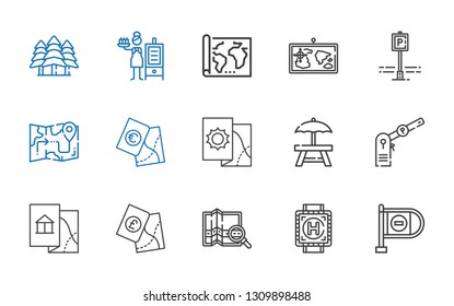 area icons set. Collection of area with wrong way, heliport, map, parking, rest area, smoker, forest. Editable and scalable icons.