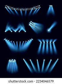 Flächenbeleuchtung. Stadionprofessionelle, leistungsstarke Scheinwerfer mit direktem Licht, anständige Vektorgrafik im realistischen Stil