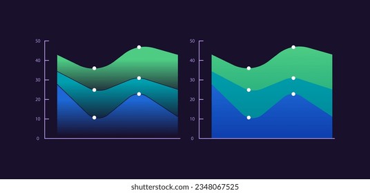 Area infographic chart design template set for dark theme. Changes in quantities over time. Visual data presentation. Editable stacked graphs collection. Myriad Pro-Bold, Regular fonts used