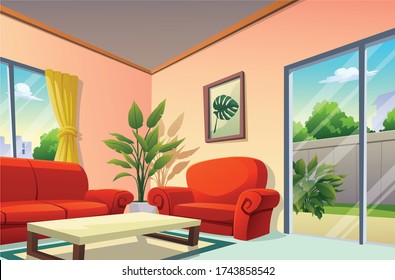 The area inside the house has a sofa for entertaining.

