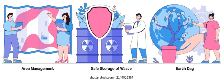 Area management, safe storage of waste, earth day concepts with people characters. Planet ecology defence ways, environment pollution prevention, nature care abstract vector illustration pack.