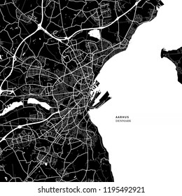 Area map of Aarhus, Denmark with typical urban landmarks like buildings, roads, waterways and railways as well as smaller streets and park trails. Removable city label placed on top.