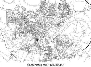 Area map of Agra, India. This artmap of Agra contains geography lines for land mass, water, major and minor roads.